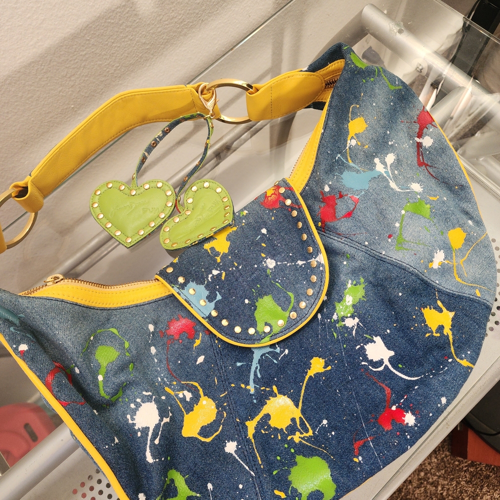 Junior Drake Y2K Paint Splatter Denim Shoulder Bag Heart Charms - Picture 5 of 10